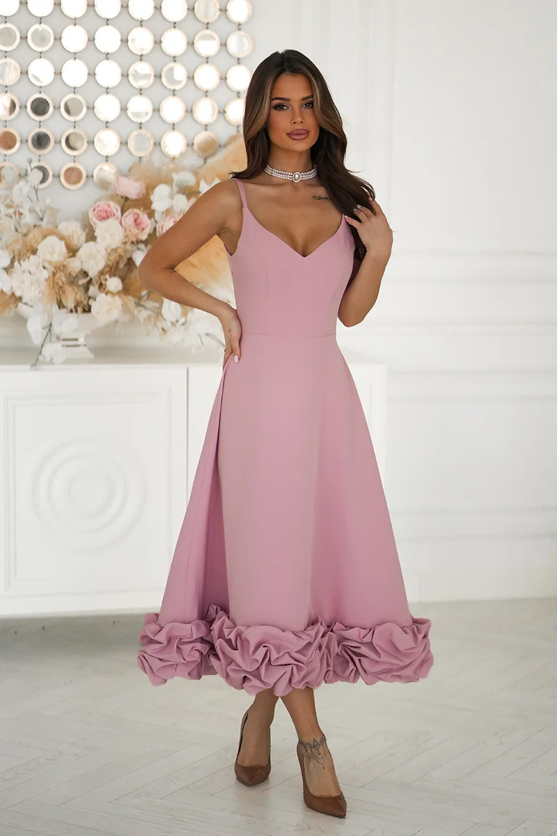 Rochie eleganta midi roz pudra cu volan tridimensional Jasmina