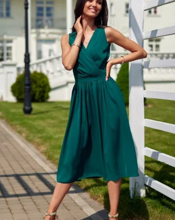 Rochie eleganta midi verde din voal vaporoasa Margie