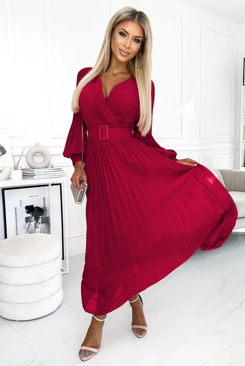 Rochie eleganta plisata lunga din chiffon burgundy cu maneca lunga vaporoasa Vaneira