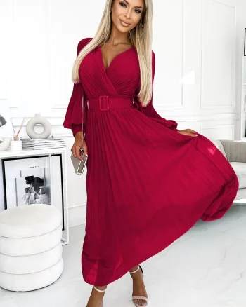 Rochie eleganta plisata lunga din chiffon burgundy cu maneca lunga vaporoasa Vaneira