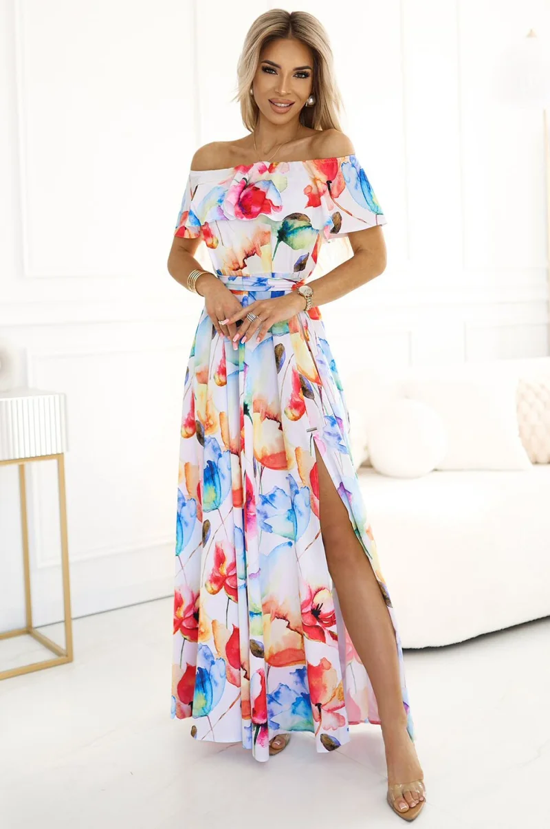 Rochie lunga alba cu flori multicolore vaporoasa cu umerii goi si volane Georgia