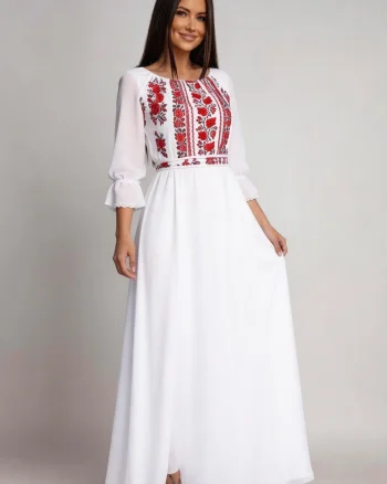Rochie lunga alba din voal cu motive traditionale Saray