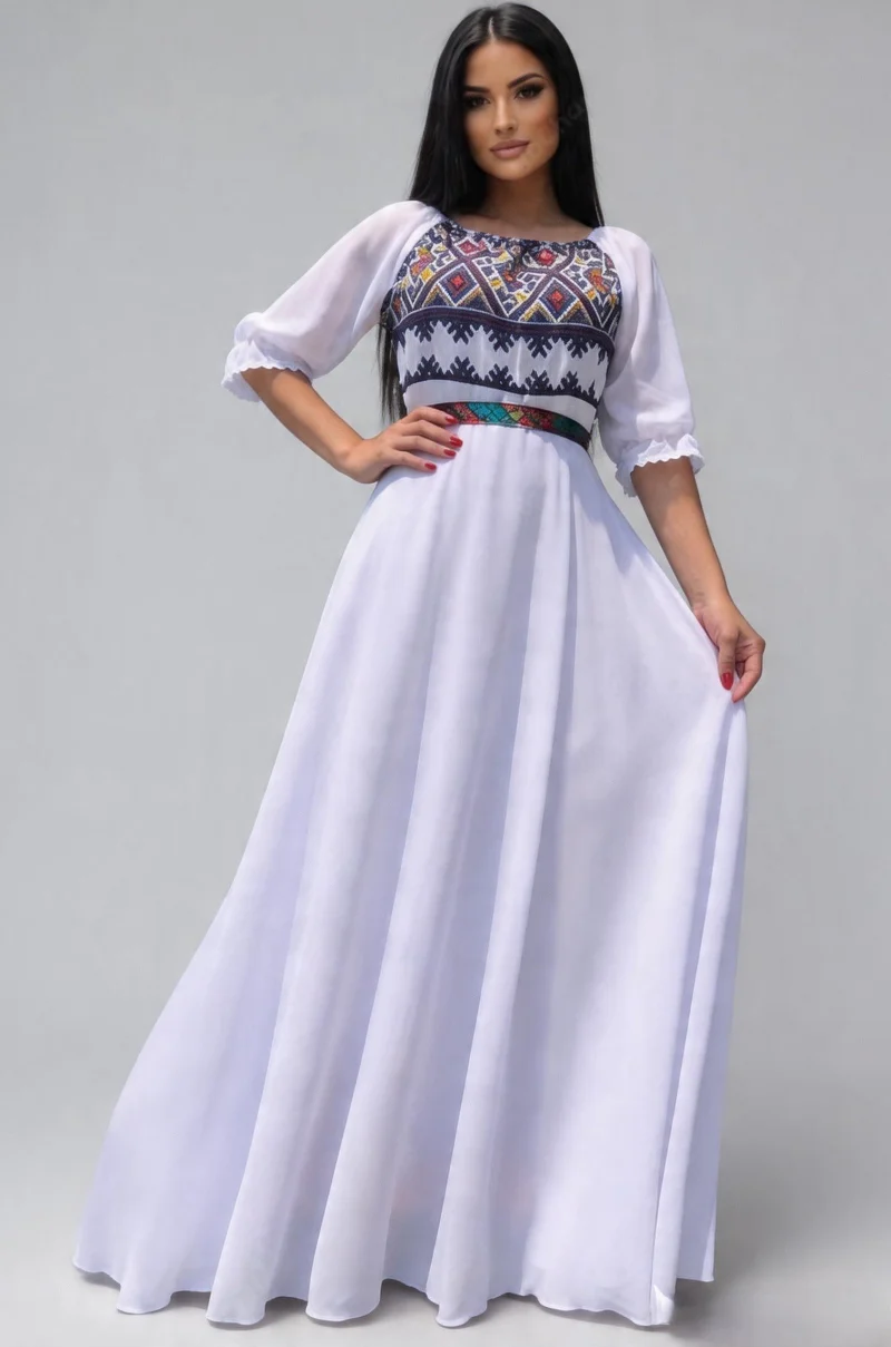 Rochie lunga alba eleganta din voal traditionala Analisa