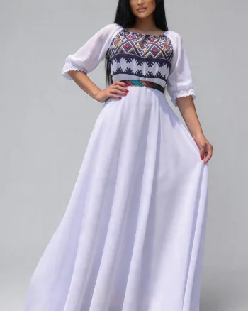Rochie lunga alba eleganta din voal traditionala Analisa