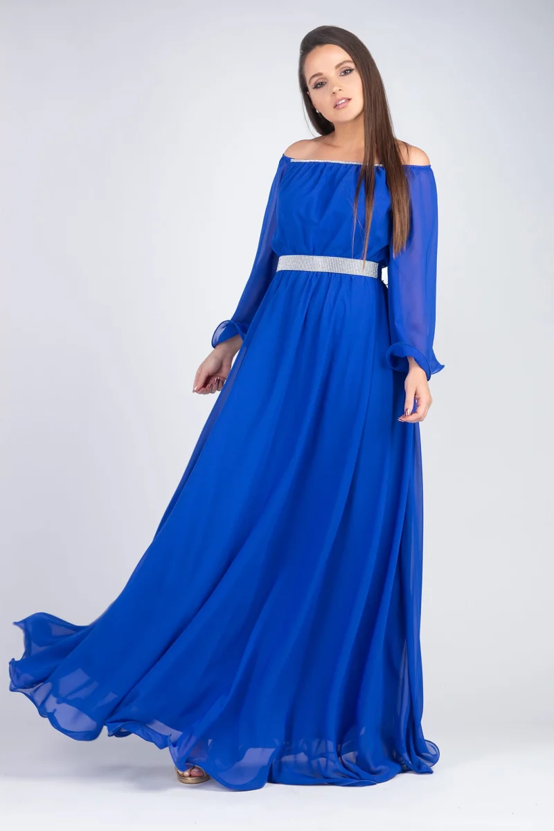 Rochie lunga albastra din voal cu maneca lunga Cinderella