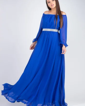 Rochie lunga albastra din voal cu maneca lunga Cinderella
