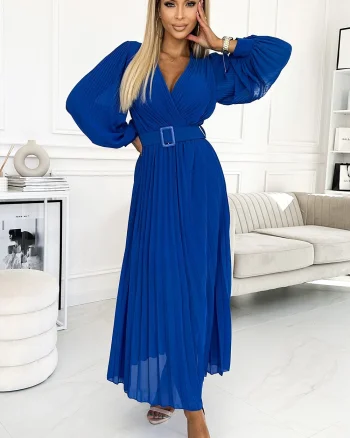 Rochie lunga albastra plisata din chiffon cu maneca lunga vaporoasa Vaneira