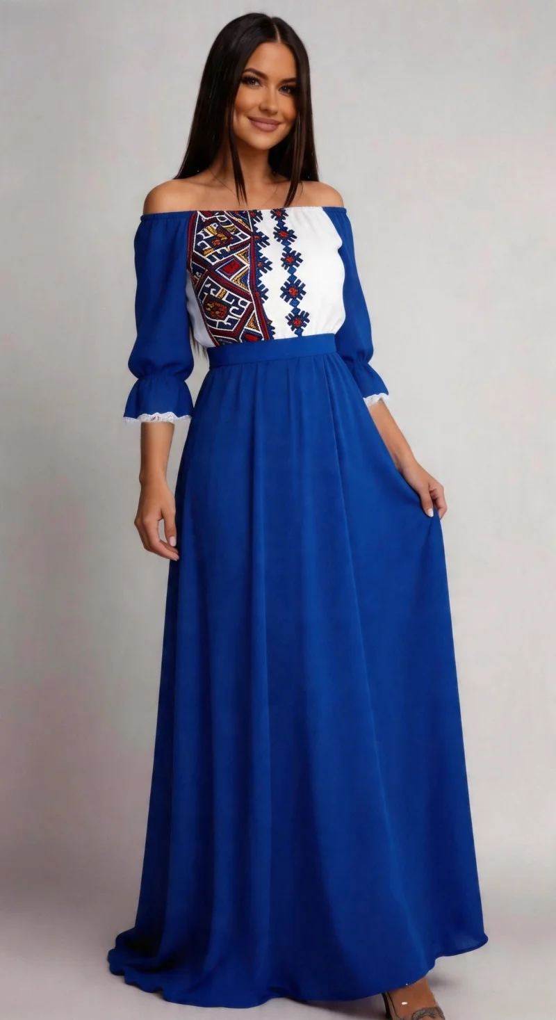 Rochie lunga albastra traditionala din voal vaporoasa Analisa