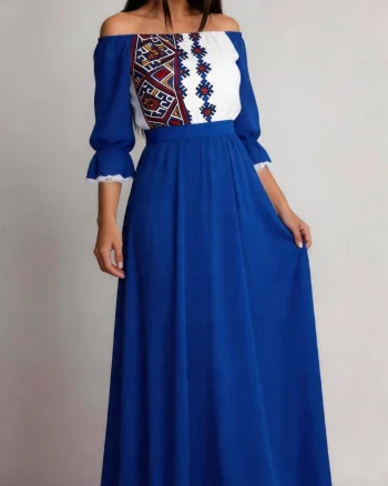 Rochie lunga albastra traditionala din voal vaporoasa Analisa