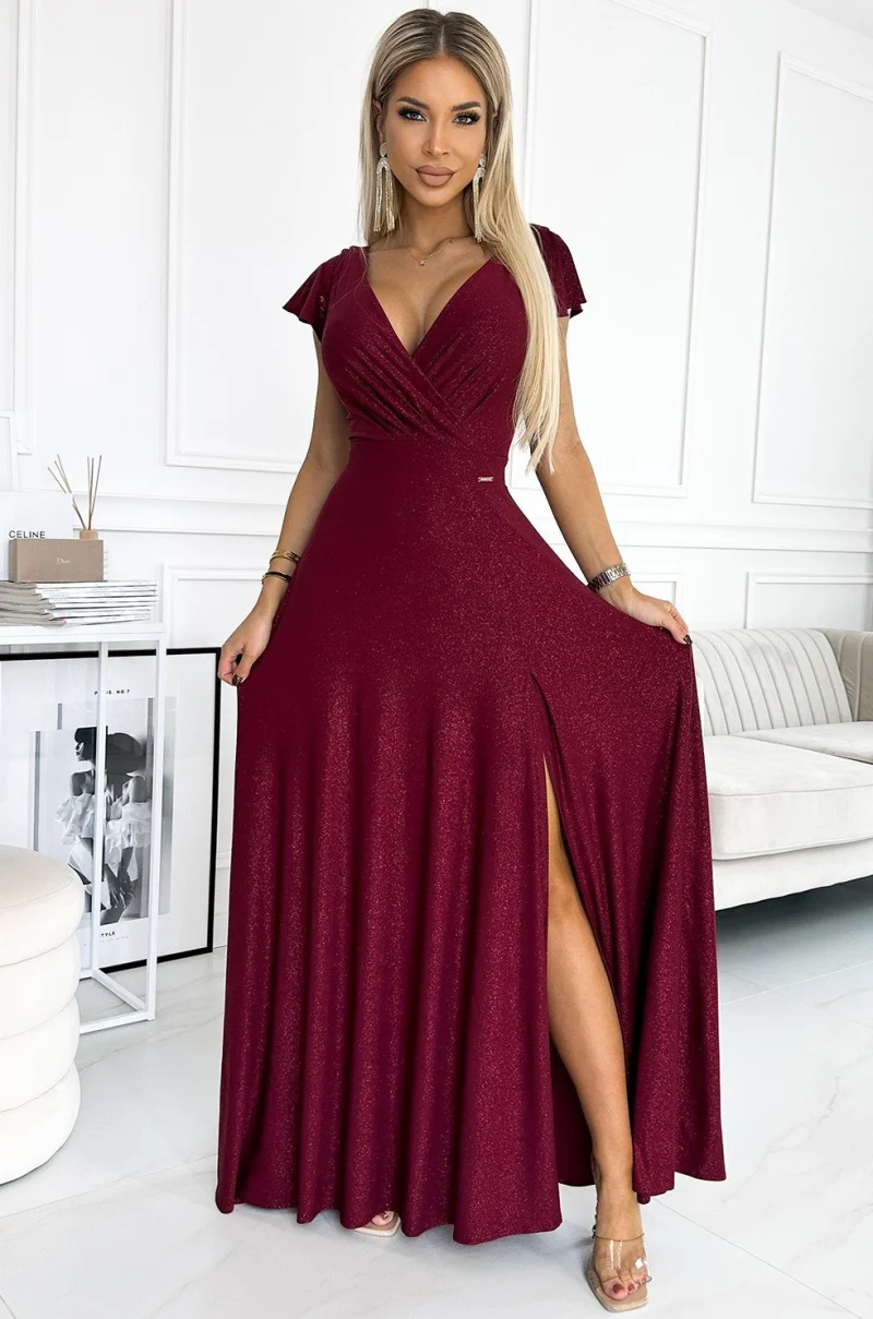Rochie lunga burgundy din glitter petrecuta crapata pe picior Cristaliza