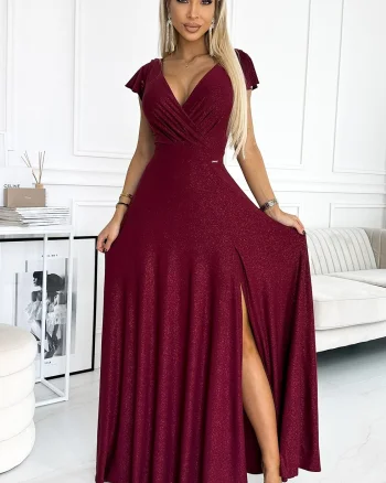 Rochie lunga burgundy din glitter petrecuta crapata pe picior Cristaliza