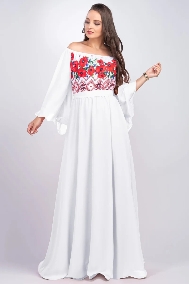 Rochie lunga cu motive traditionale alba cu maci rosii din voal vaporoasa Salomeea