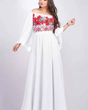 Rochie lunga cu motive traditionale alba cu maci rosii din voal vaporoasa Salomeea