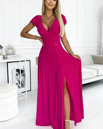 Rochie lunga din glitter roz fucsia Cristaliza
