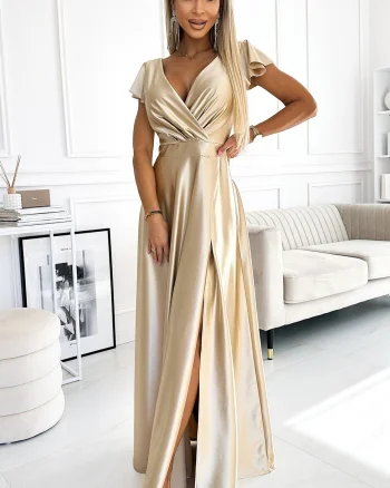 Rochie lunga din satin bej Cristaliza
