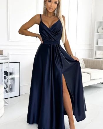 Rochie lunga din satin bleumarin Juliett