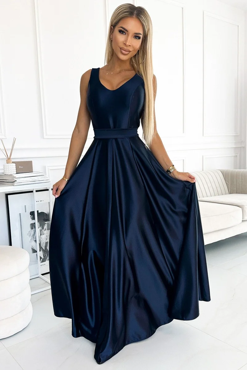 Rochie lunga din satin bleumarin navy Cindy
