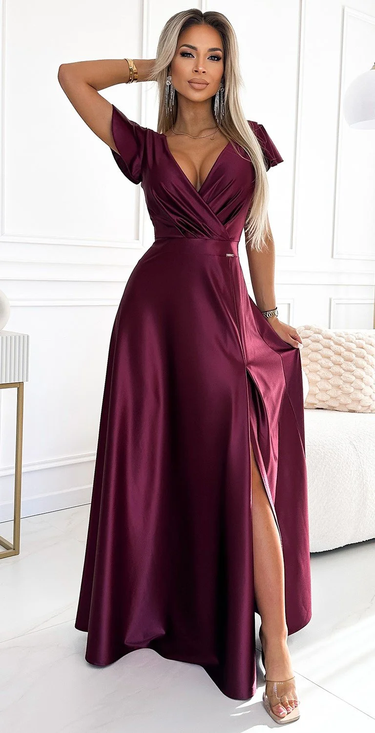 Rochie lunga din satin burgundy Cristaliza