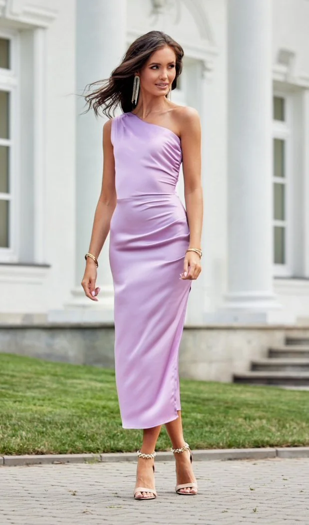 Rochie lunga din satin lila cu un umar gol Lamia