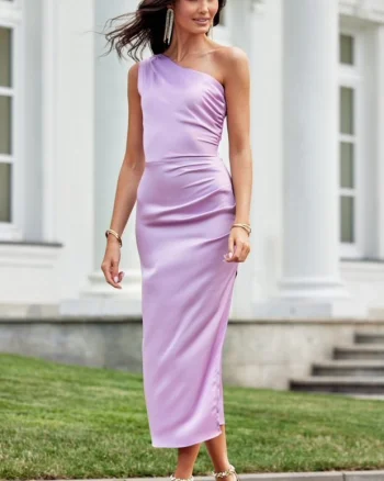 Rochie lunga din satin lila cu un umar gol Lamia