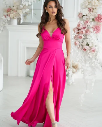 Rochie lunga din satin roz fucsia Aleeza
