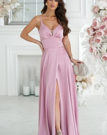 Rochie lunga din satin roz pudrat Aleeza