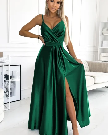 Rochie lunga din satin verde smarald Juliett