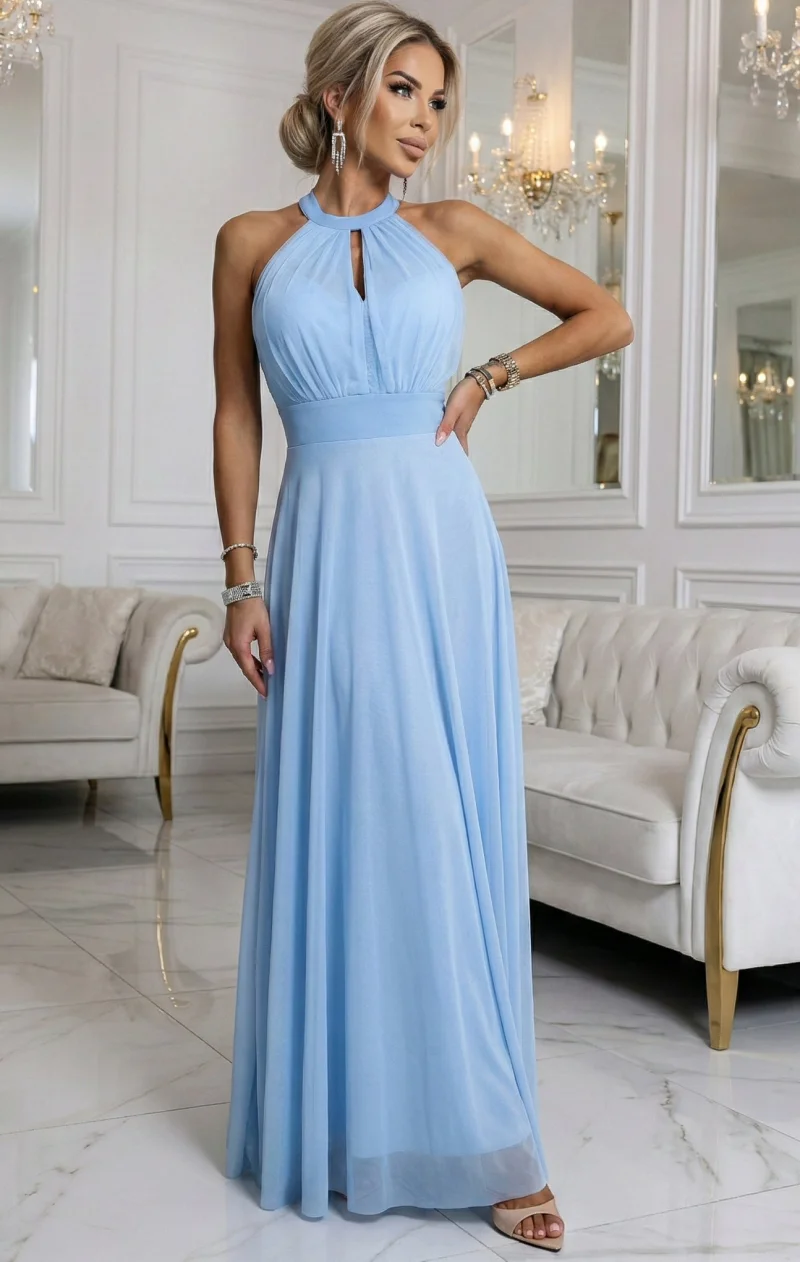 Rochie lunga din tulle baby bleu vaporoasa Selline