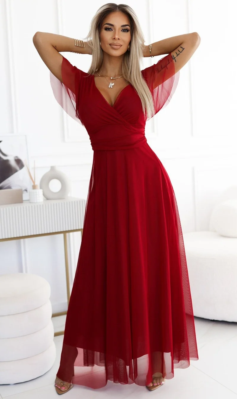 Rochie lunga din tulle burgundy petrecuta cu maneca scurta vaporoasa NastiaN