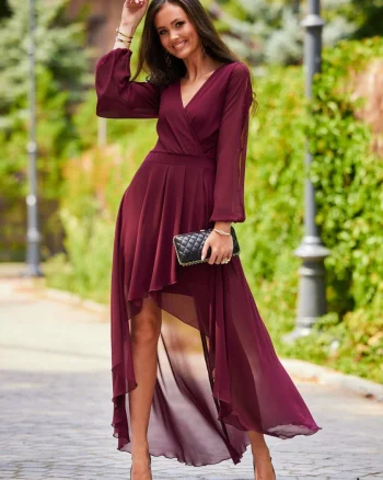 Rochie lunga din voal burgundy cu maneca lunga Jessica