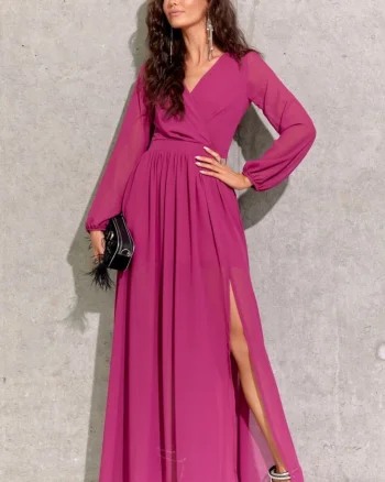Rochie lunga din voal chiffon roz fucsia vaporoasa cu maneca lunga Stella