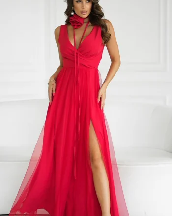Rochie lunga eleganta rosie din tulle vaporoasa cu floare decorativa Dyandra