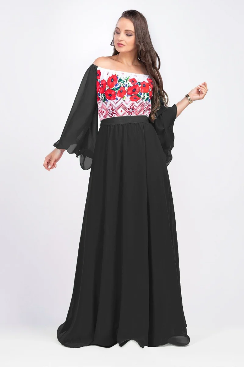 Rochie lunga neagra cu motive traditionale cu maci din voal vaporoasa Salomeea