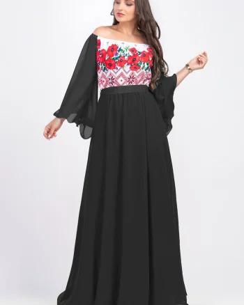 Rochie lunga neagra cu motive traditionale cu maci din voal vaporoasa Salomeea