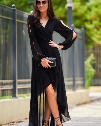 Rochie lunga neagra din voal cu maneca lunga vaporoasa Jessica