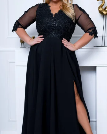 Rochie lunga neagra in marimi mari cu dantela si maneca trei sferturi Adalyze2