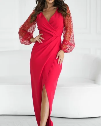 Rochie lunga rosie cu paiete cu maneca lunga petrecuta Deluxe