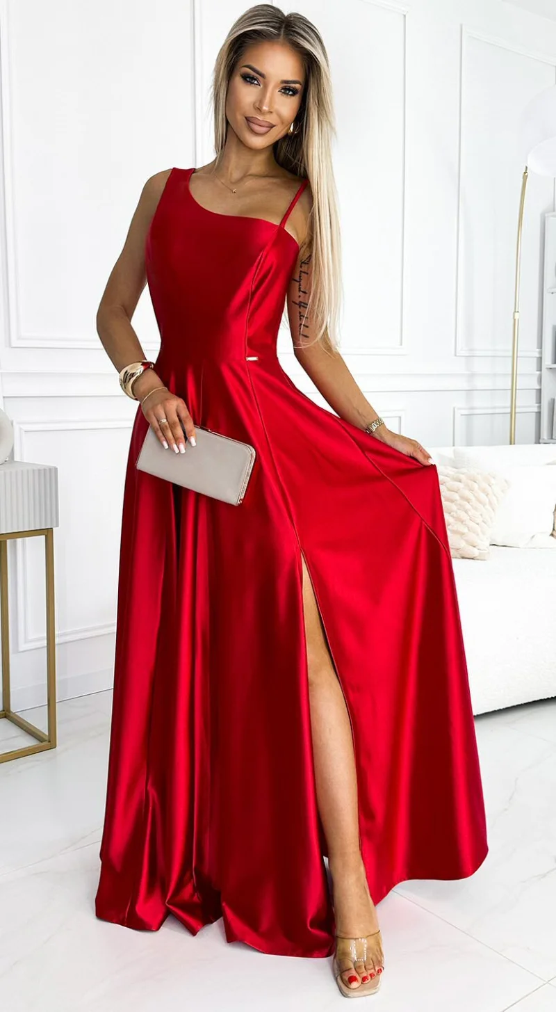 Rochie lunga rosie din satin cu un umar gol Jollie