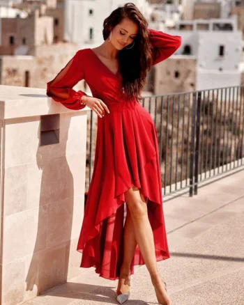 Rochie lunga rosie din voal vaporoasa cu maneca lunga Jessica