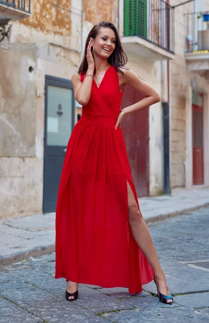 Rochie lunga rosie din voal vaporoasa Yurianne