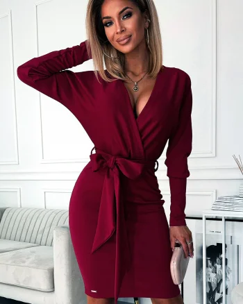 Rochie midi burgundy mulata cu maneca lunga petrecuta Cathy