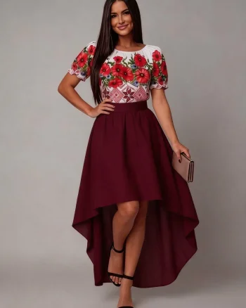 Rochie midi cu motive traditionale din tafta burgundy cu maci Byanca