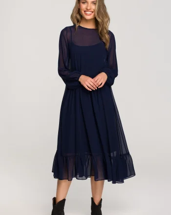 Rochie midi din chiffon bleumarin cu maneca lunga si volan Naira