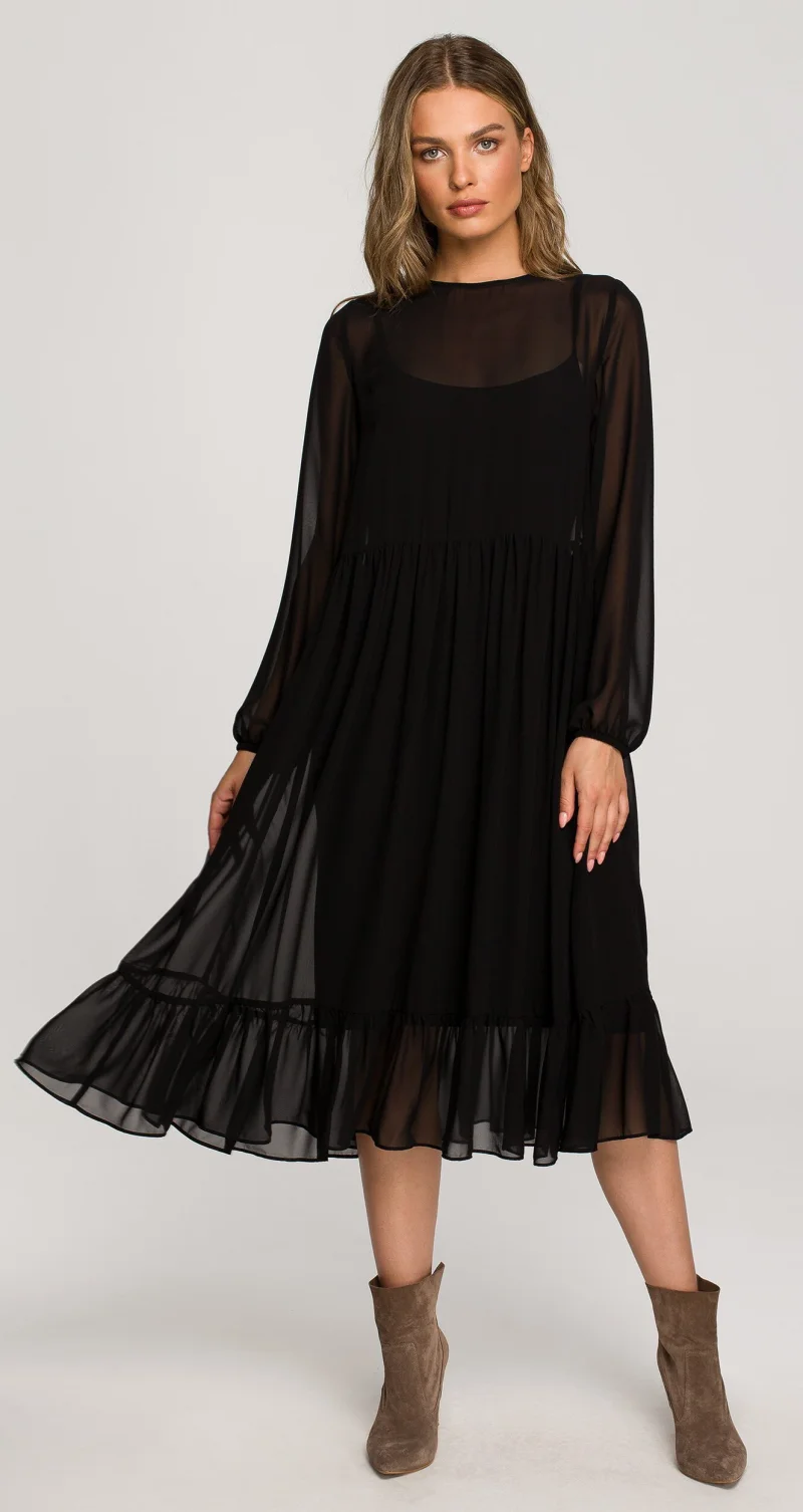 Rochie midi din chiffon neagra cu maneca lunga si volan Naira