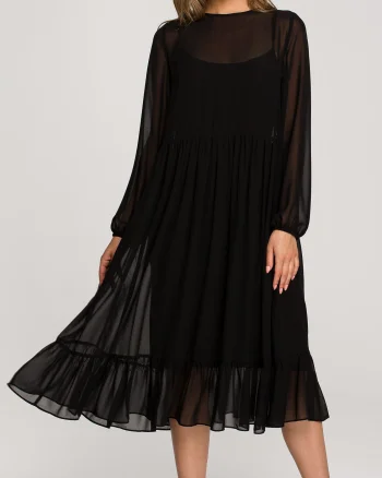 Rochie midi din chiffon neagra cu maneca lunga si volan Naira