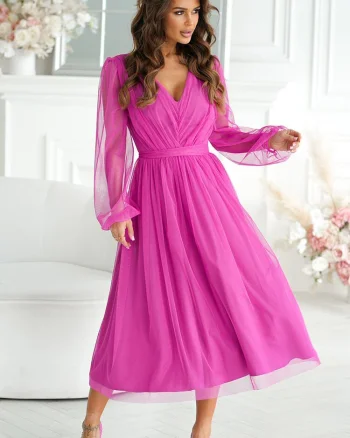 Rochie midi din tul cu glitter bishop evazata cu maneca lunga Petra