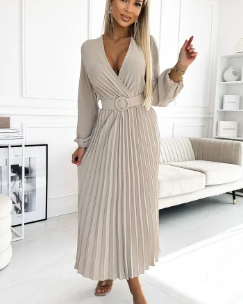Rochie midi din voal bej plisata cu maneca lunga Viviana