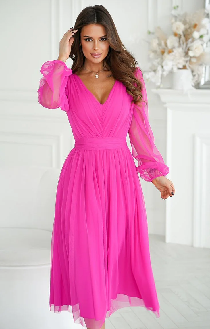 Rochie midi eleganta din tul cu glitter roz neon cu maneca lunga Petra