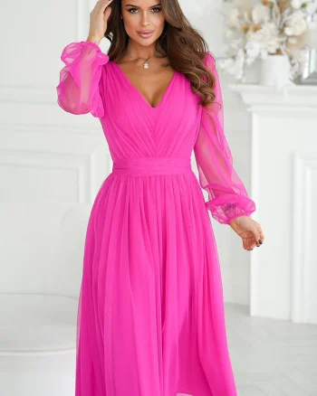 Rochie midi eleganta din tul cu glitter roz neon cu maneca lunga Petra