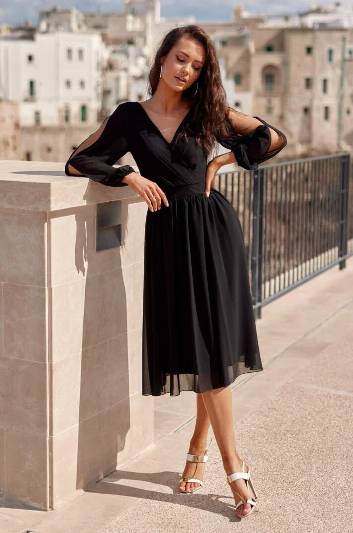 Rochie midi neagra din voal cu maneca lunga vaporoasa Melen